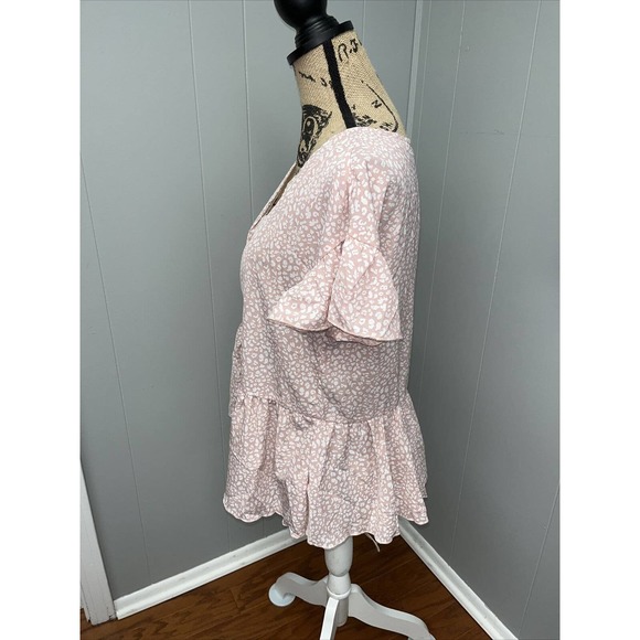 Shein Button up Blouse Size M Babydoll Pink Printed Short‎ Sleeve Top - Picture 2 of 7